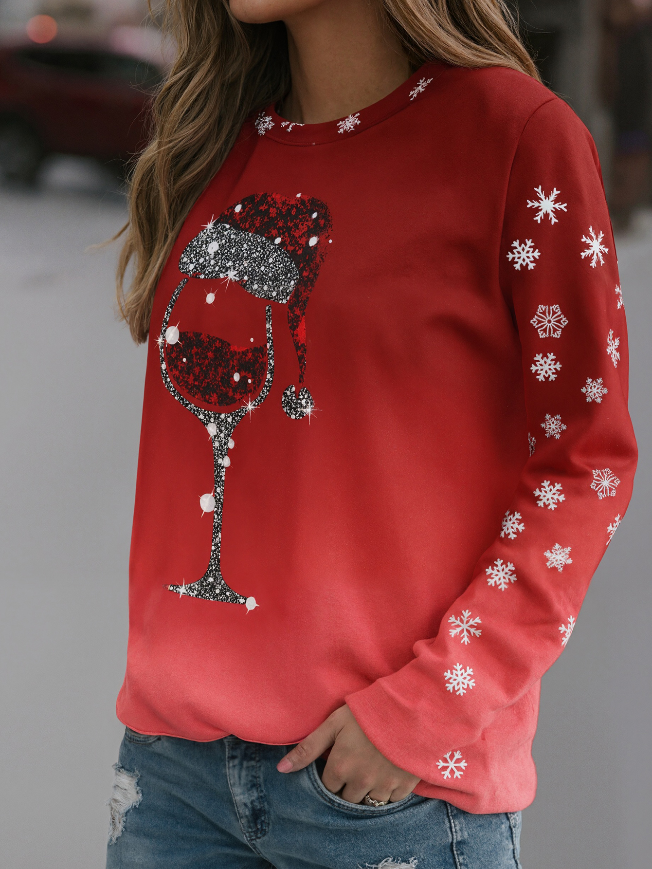 Women's New Christmas Wine Glass & Snowflake Print Sweatshirt - Festive Versatile Top-CF25317