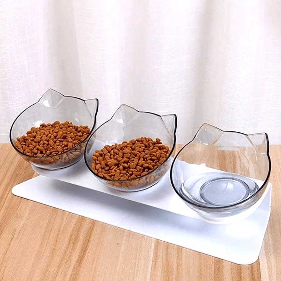 Three in one ergonomic pet bowl set with tilt design and high stand neck protection durable PP material C251009
