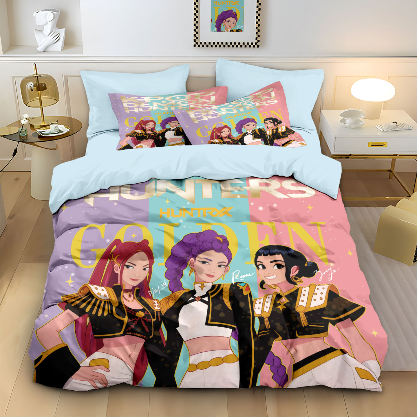 Kpop Demon Hunters Bedding Pillowcase and duvet cover 3pcs set Hunters Themed Colorful Print Single Twin Full Queen King Size Bed Set Adult Kids Beddi