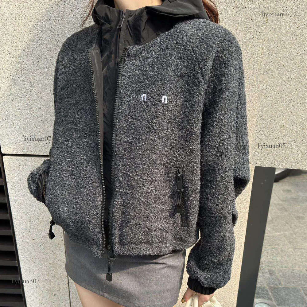 designer miu Color Blocked Plush Coat for Women mius- Fashionable Stand Collar Jacket, Long Sleeve Slim Windbreaker miulys miulys top 5ed