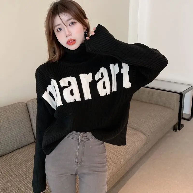 Turtleneck Sweater Women Autumn Winter Casual Korean Top Tee Loose Thick Knitting Pullovers Women Clothes Letter Trend Coat 251009