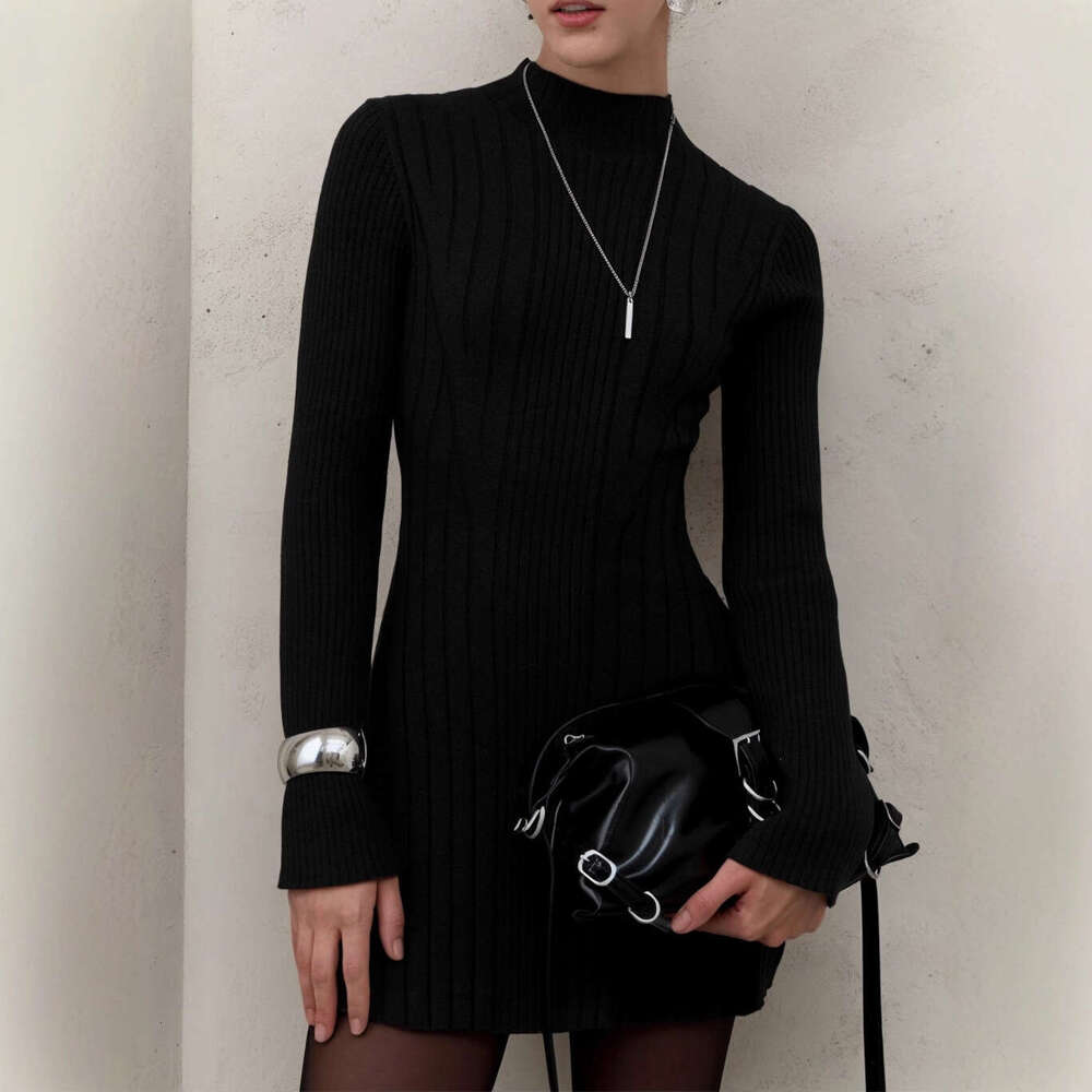 Long Sleeve Half Turtleneck Dress Knitted Spring Temperament Playful A-Line Short Skirt B5