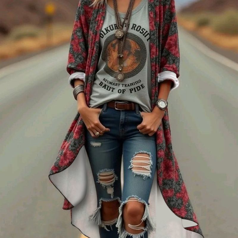 Women's Autumn New Fashion Bohemian Floral Print Open Front Coat - Casual Versatile Vacation Outerwear-CF55069