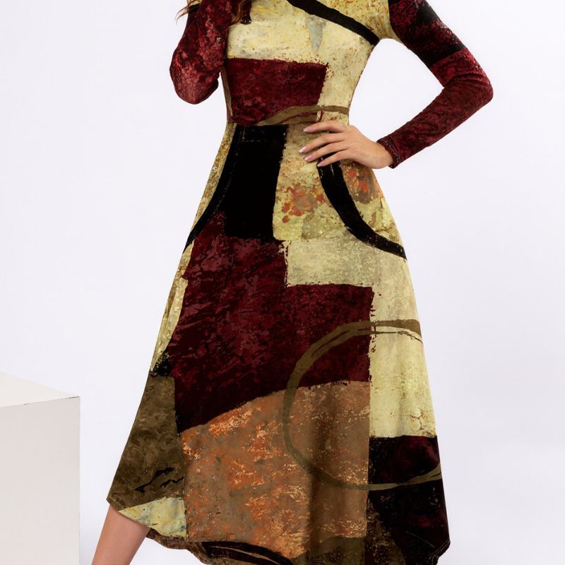 Women's Autumn Winter Fashion Geometric Color - Block Long - Sleeve Dress - Elegant Casual Crew Neck Dress-CF56224
