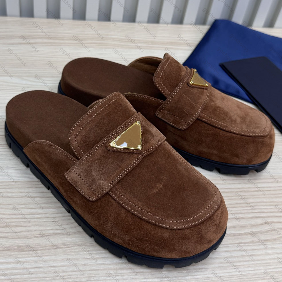 Suede Flatform mules Designer Comfortable Soft Padded Nappa Leather Women Mules Triangle Mark Baotou Slippers