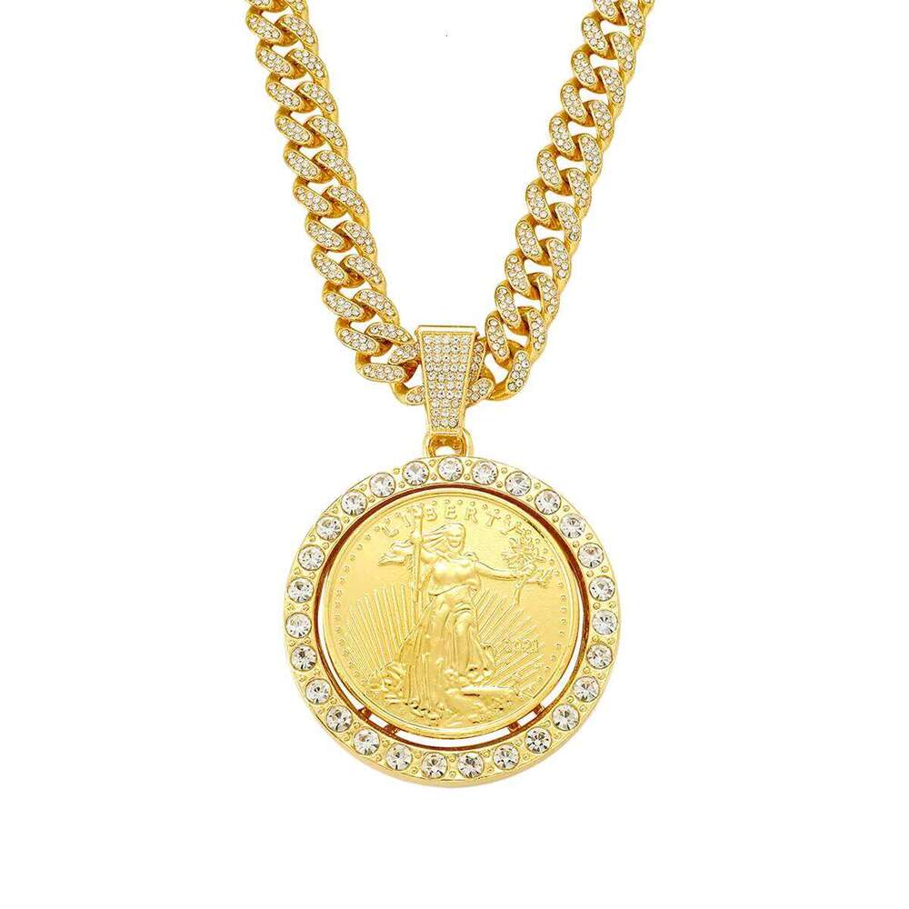 2025 New Gold and Sier Metallic Cuban Chain Hip Hop Alloy with Rhinestone Rotating Statue of Liberty Pendant Necklace