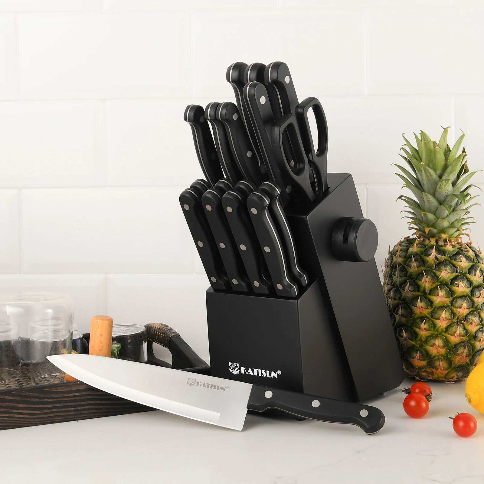 Kitchen knives 19 Pieces Carbon Steel Kitchen Knife Block Set Builtin Sharpener and Meat Fork German Steel Dishwasher Safe Y251010