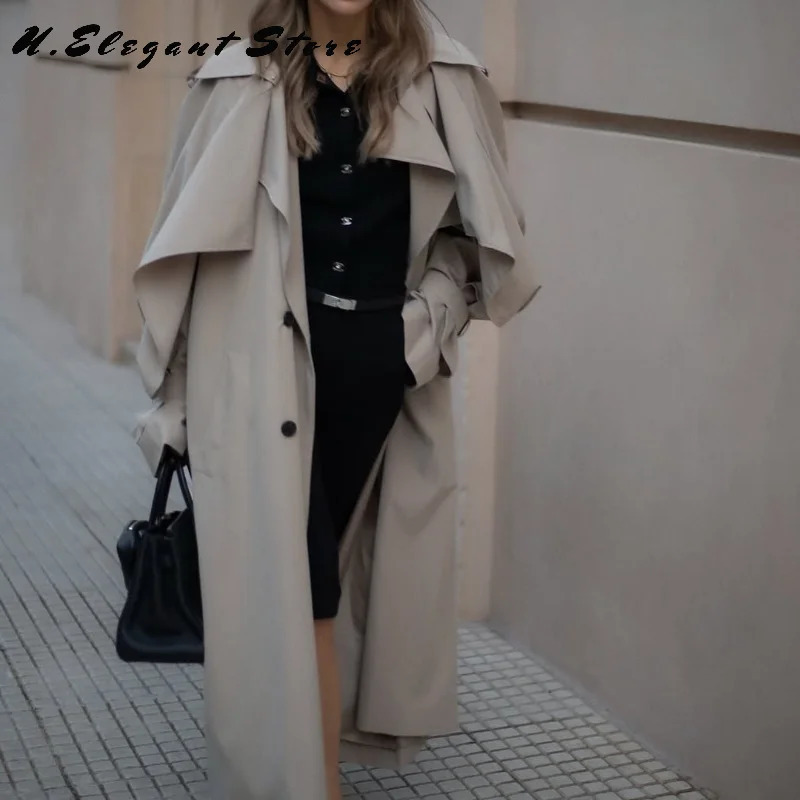 Womens Autumn Winter Long Trench Coat Lapel Full Sleeve Long Jacket With Belt Casual Outwears 2025 Lady Streetwear 250929