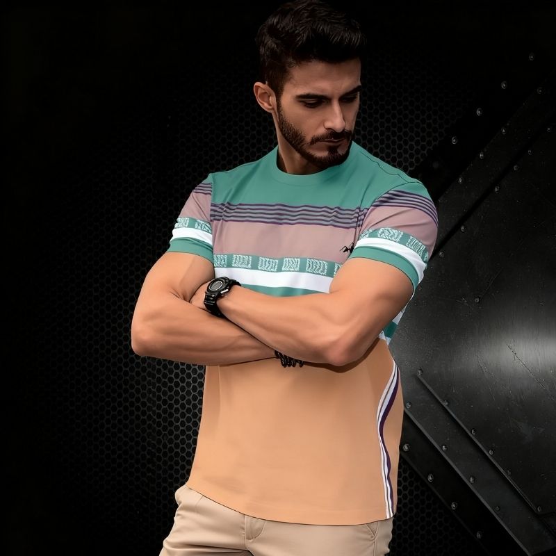 Men's Color Block Striped Casual T-Shirt - Retro Style Short Sleeve Tee-46