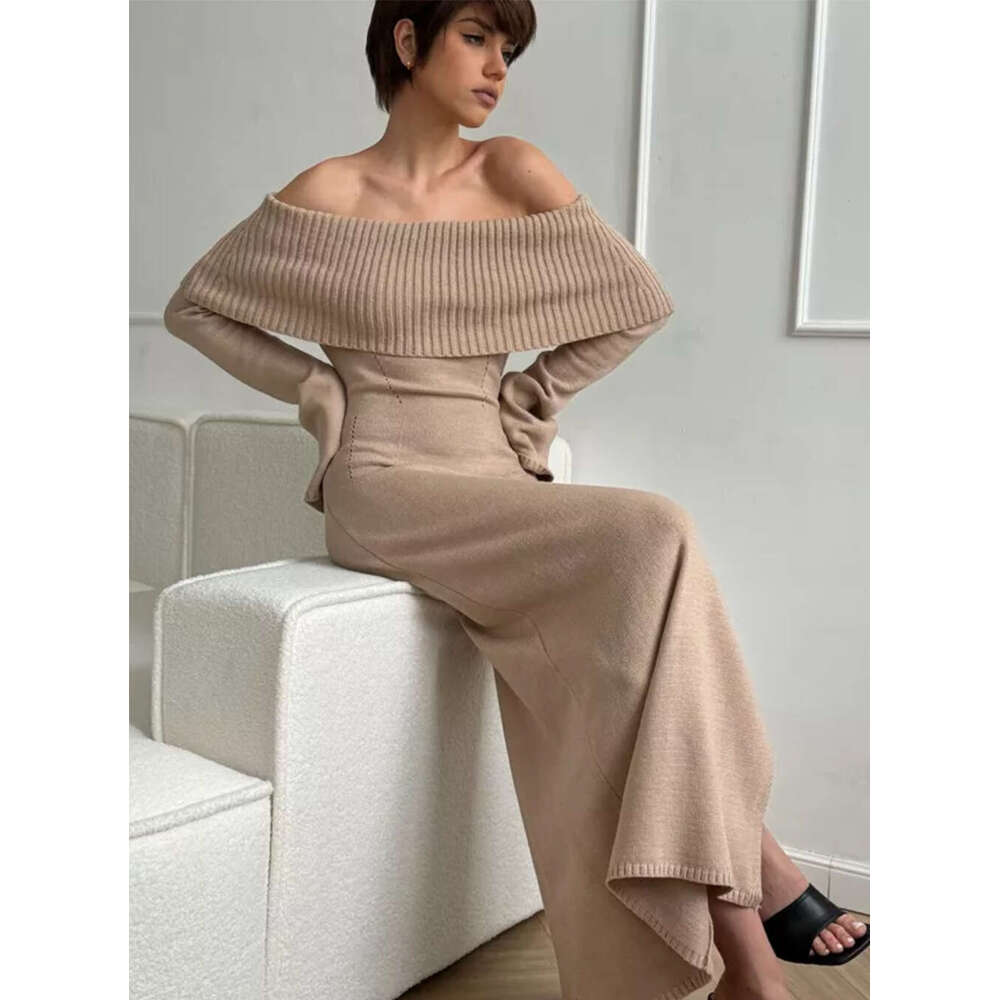 Sexy Autumn Winter Sweater Turn-Down Collar Off-Shoulder Knitted Dress B5
