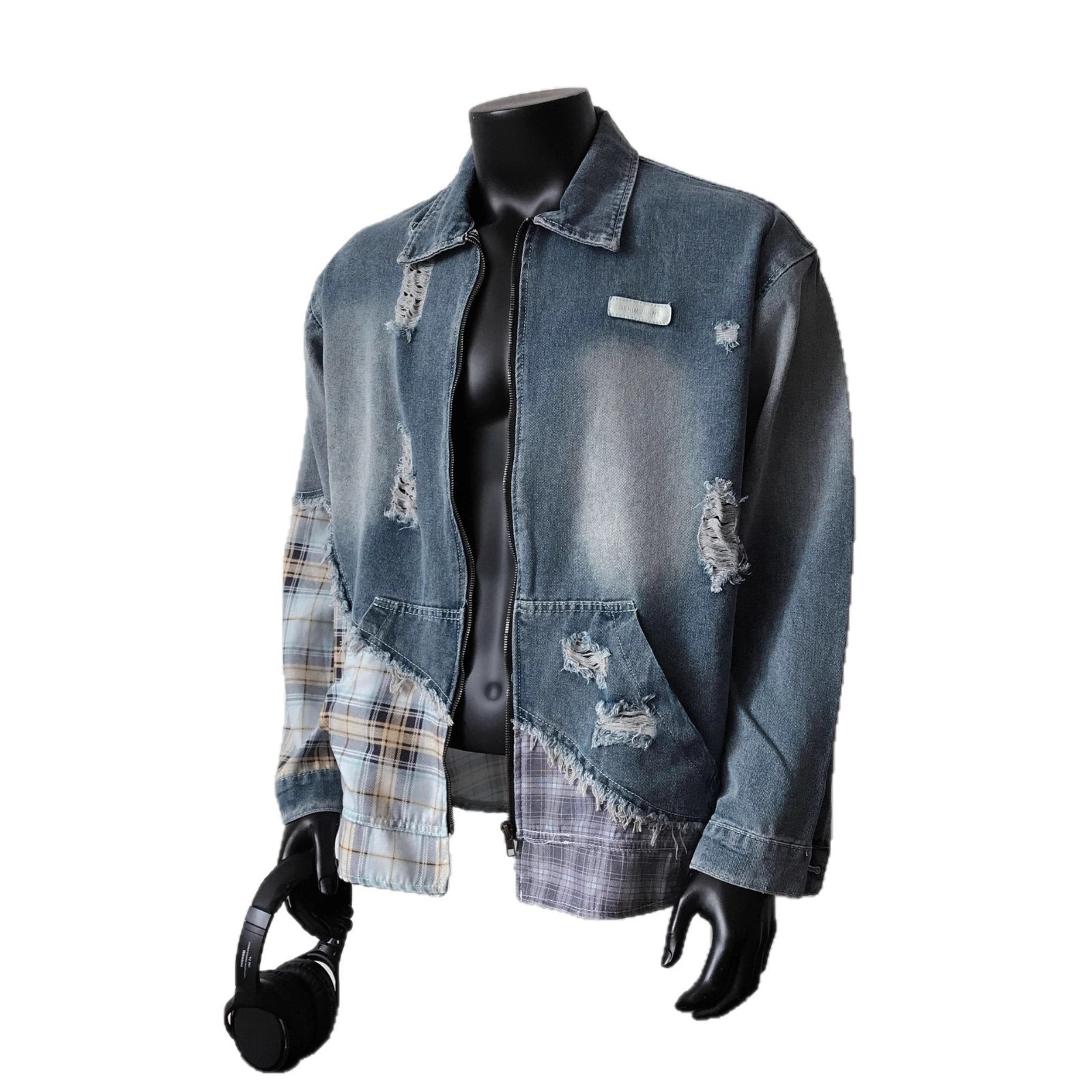 ABOORUN Hi Street Ripped Patchwork Denim Jackets Mens Vintage Turtleneck Cotton Coat 250806