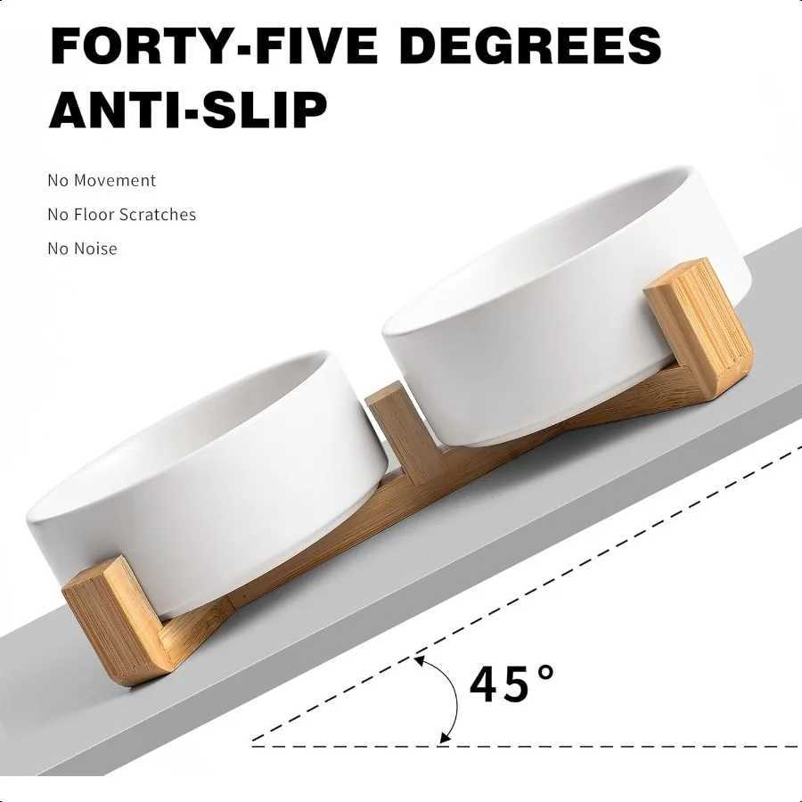 White Ceramic Dog Cat Bowl Set 135 OZ with Wooden Stand NonSlip Elevated Design for Small Dogs Cats 2 Bowls Food Water Ceramic C251009