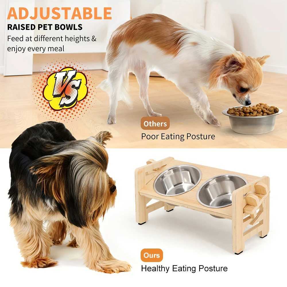 Adjustable Heightened Cat Bowl Stand for Small Dogs and Cats Sturdy Wooden Pet Food Feeder with 2 Stainless Steel Bowls C251009