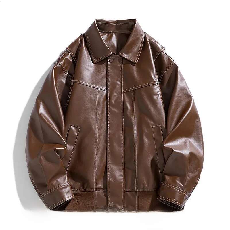 Europe The United States Trend Leather Jacket Spring Autumn Loose Mens Couple Lapel Motorcycle Handsome Coats y240826