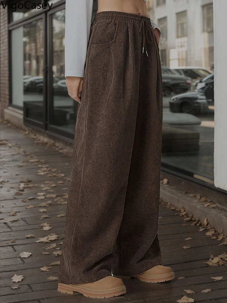 VigoCasey Brown Long Casual High Waist Wide Leg Women Solid Baggy Pants Autumn Winter Office Trousers Z260314