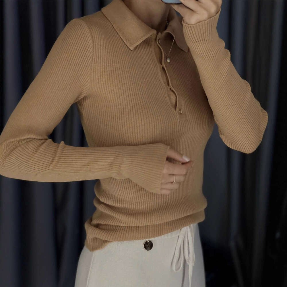 Single-Breasted Long-Sleeve Knitted Sweater Autumn Winter Base Shirt Slim Fit Solid Color Basic Top For Women B5