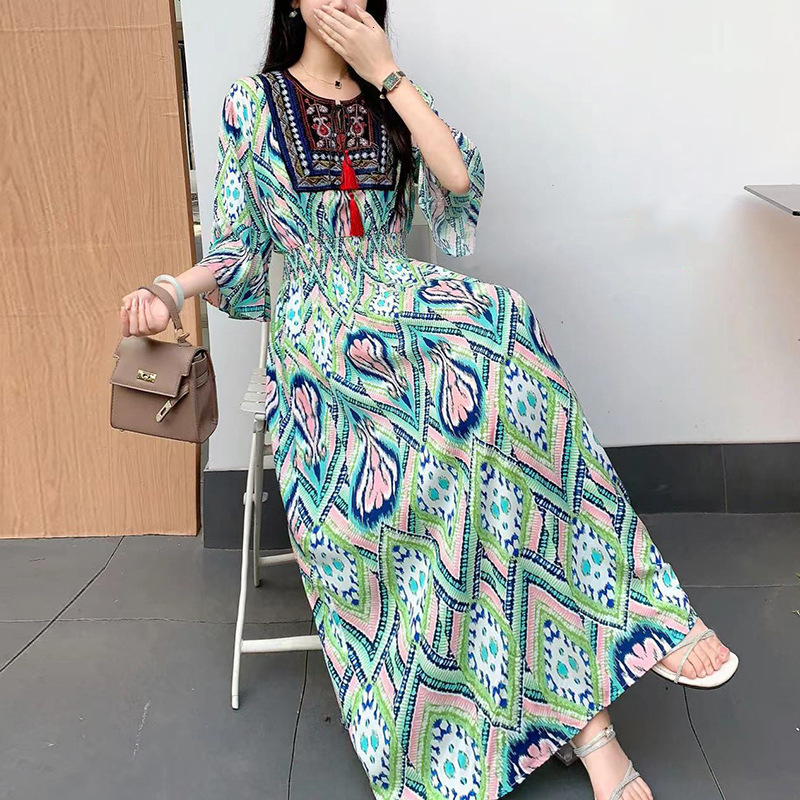 Womens evening dress retro print Sundress summer flame sleeves casual loose Vestido 250328