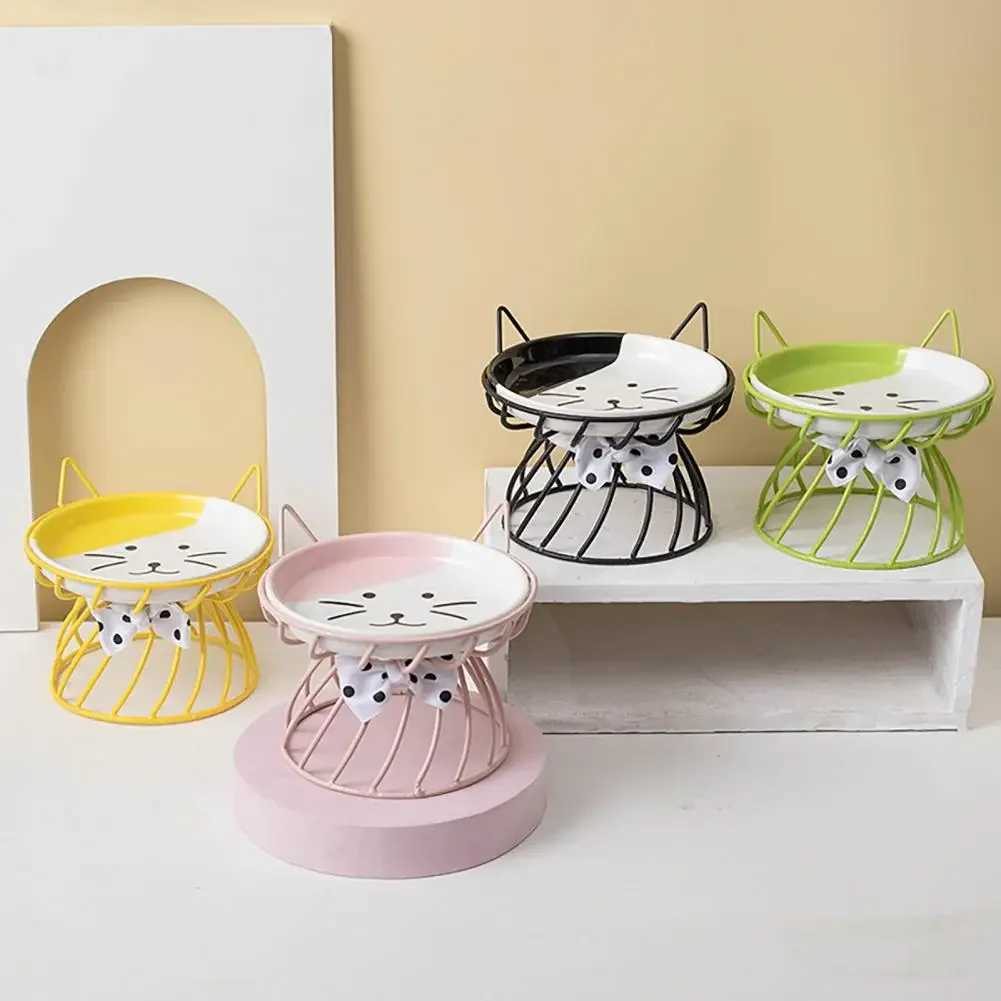 Cat Bowl Ceramic High Foot Neck Guard Food Bowl Shallow Mouth Large Diameter Pet Food Dish Garfield Cat Special Flat Face Bowl C251009