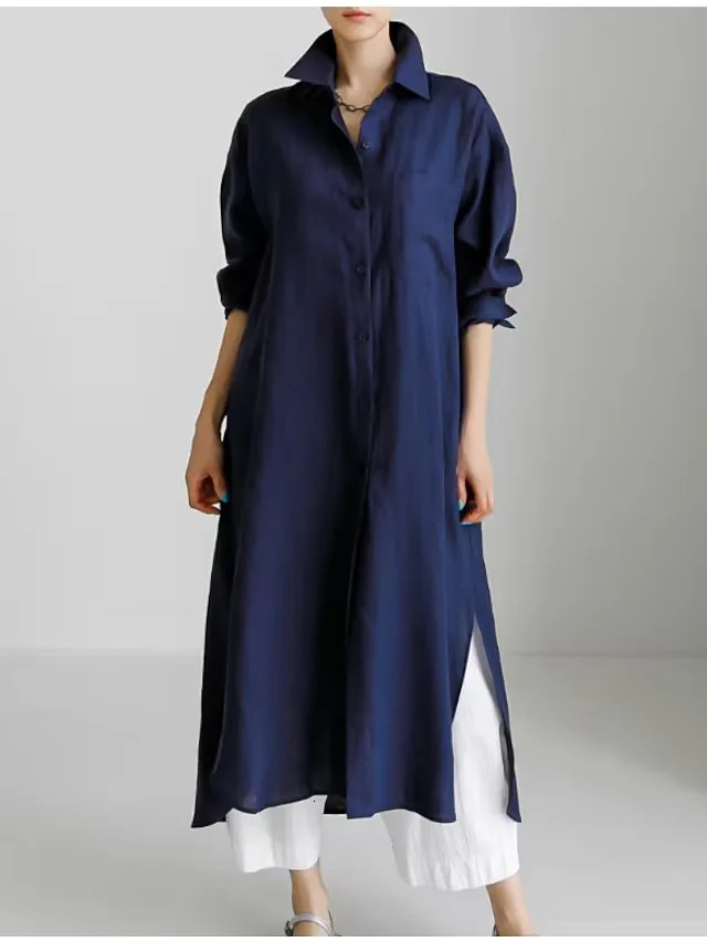 Spring Cotton Linen Oversize Women Dress Black TurnDown Collar Loose Dresses Female Elegant Casual Trendy Ladies Clothes 251010