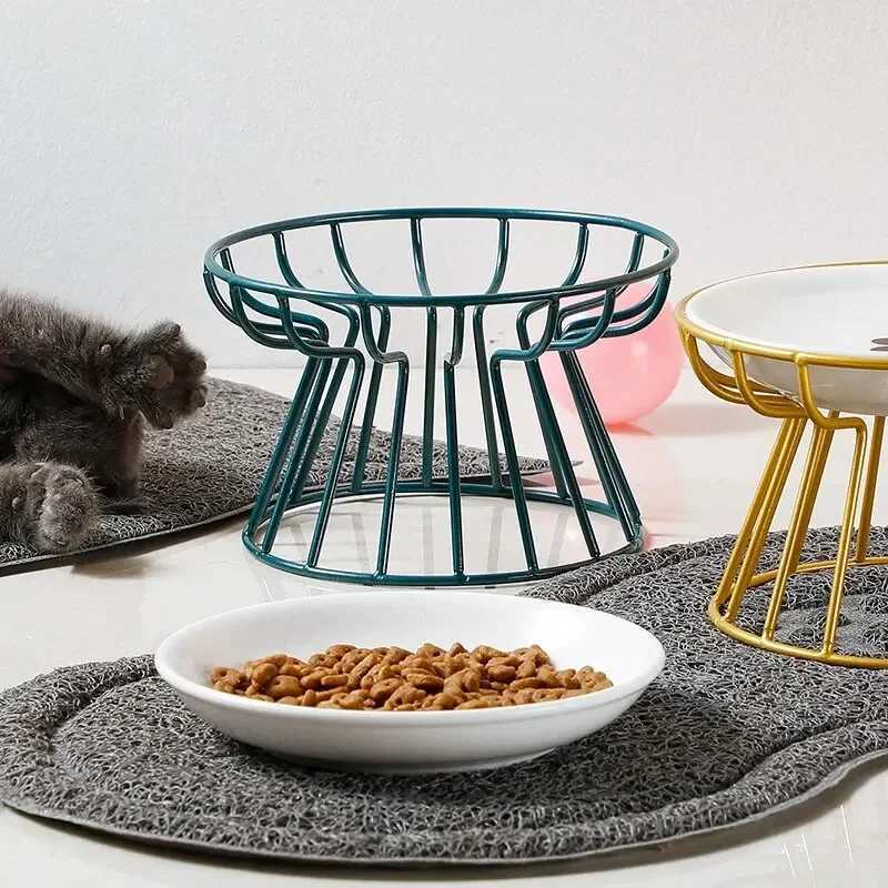 1Set Pet Ceramic Bowl Iron Rack Cat Food Snacks Canned Plate Antiblack Chin Antiturning Water Does Not Leak Easy To Eat C251009