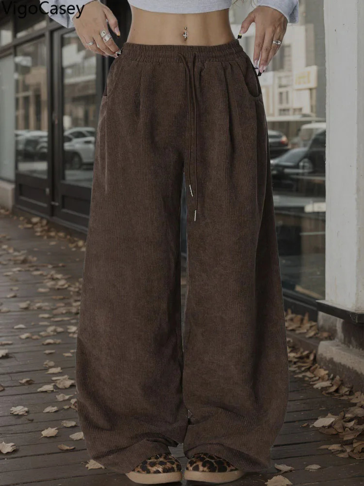 VigoCasey Brown Long Casual High Waist Wide Leg Women Solid Baggy Pants Autumn Winter Office Trousers Z260314