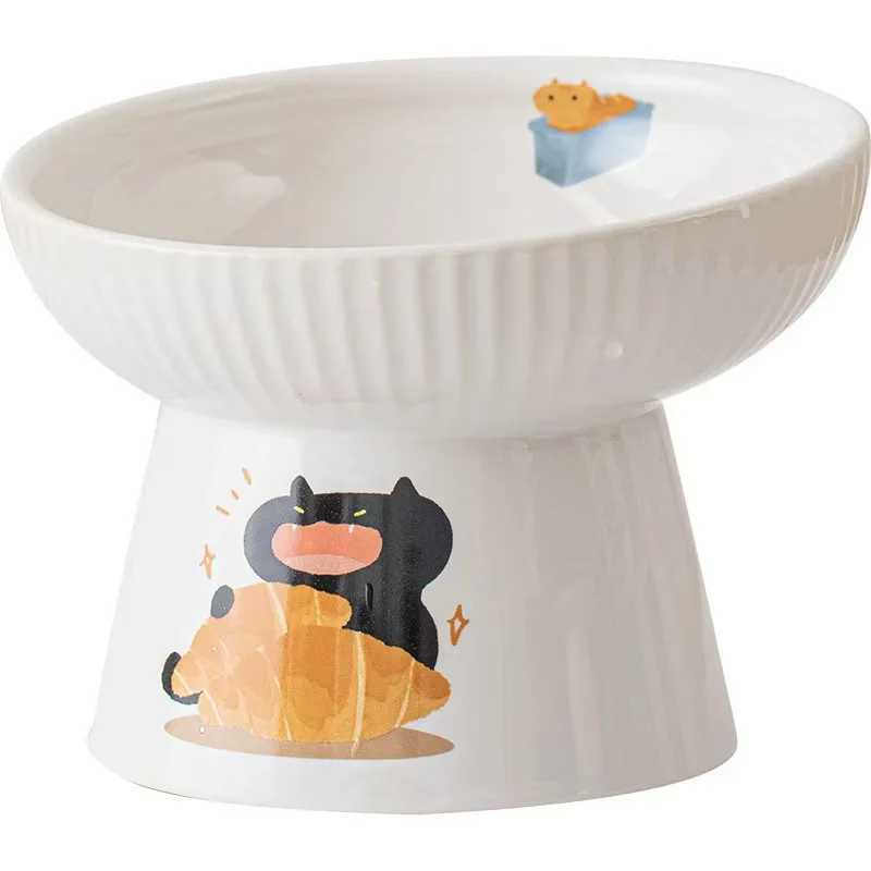 Elevated Ceramic Cat Bowl Wide Mouth AntiSlip Pet Dish Neck Protection Design Prevents Spills C251009