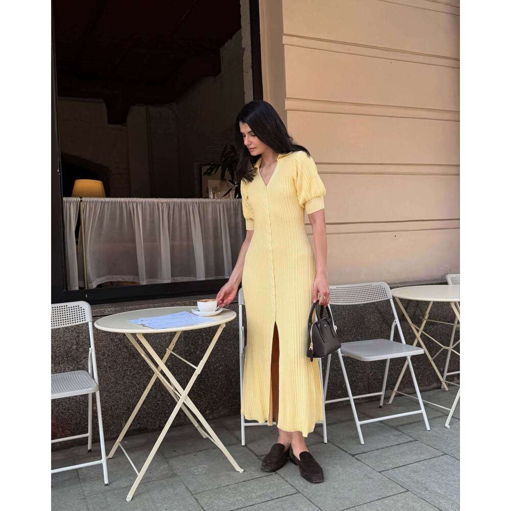 Puff Sleeve Single-Breasted Lemon Yellow Fashion Spring Summer Sexy Knit Dress B5