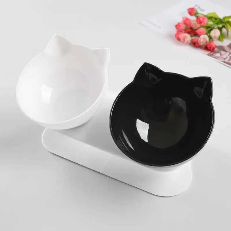 Double Cat Bowl Elevated Nonslip Water Food Feeder With Inclination Stand For Small Dogs Cats Pet Kitten Drinking Supplies C251009