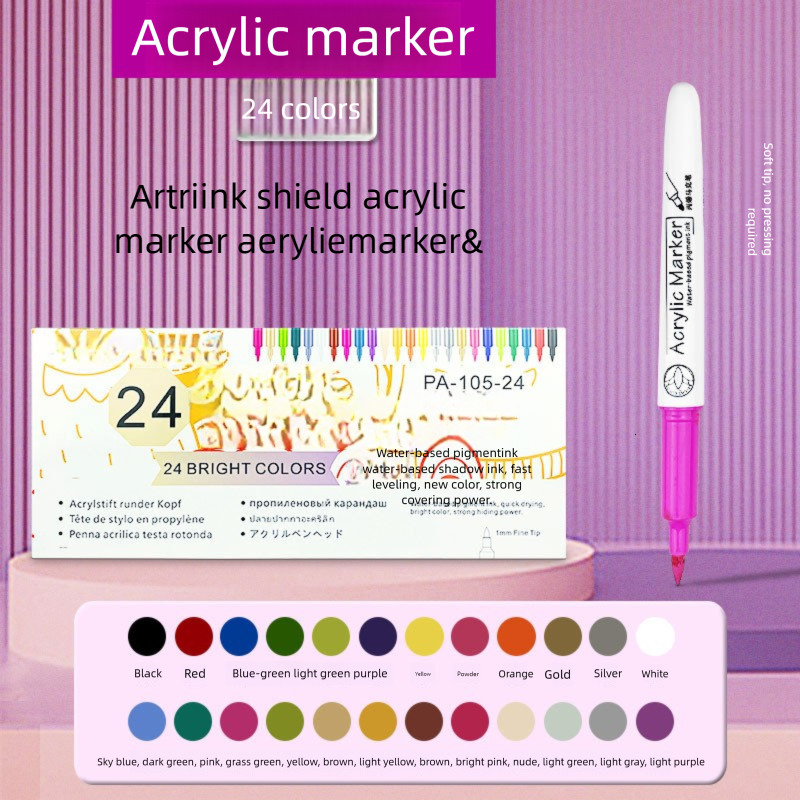 Refillable Soft Tip Acrylic 24 Colors Graffiti Non-Bleed Water-Based Pet Nail Art Marker Pen ddmysat