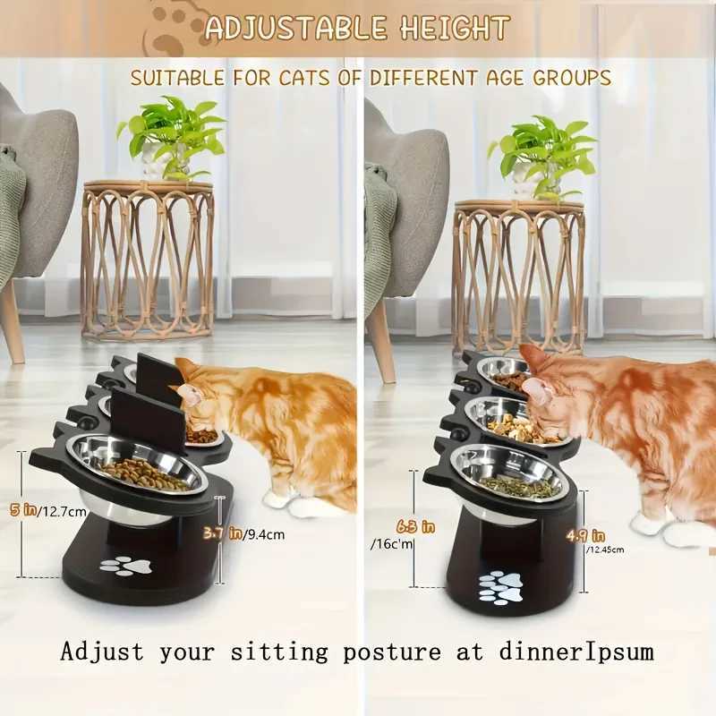 Elevated Cat Food Bowl with Wooden Support Frame Stainless Steel Cat Bowl Adjustable 15 Angle Stand Sloped Pet Food Bowl C251009