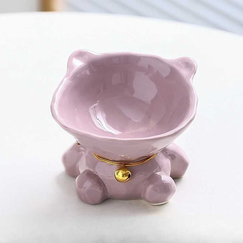 New Cat Bowl Ceramic Large Diameter Pet Bowl Diagonal Mouth Neck Protection Cat Food Bowl High Foot Cartoon Animal Ceramic Bowl C251009