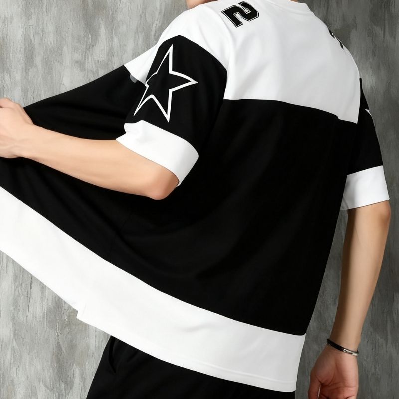 Men's Sports-Inspired "Passionate 32" Number & Star Graphic Color Block T-Shirt-40