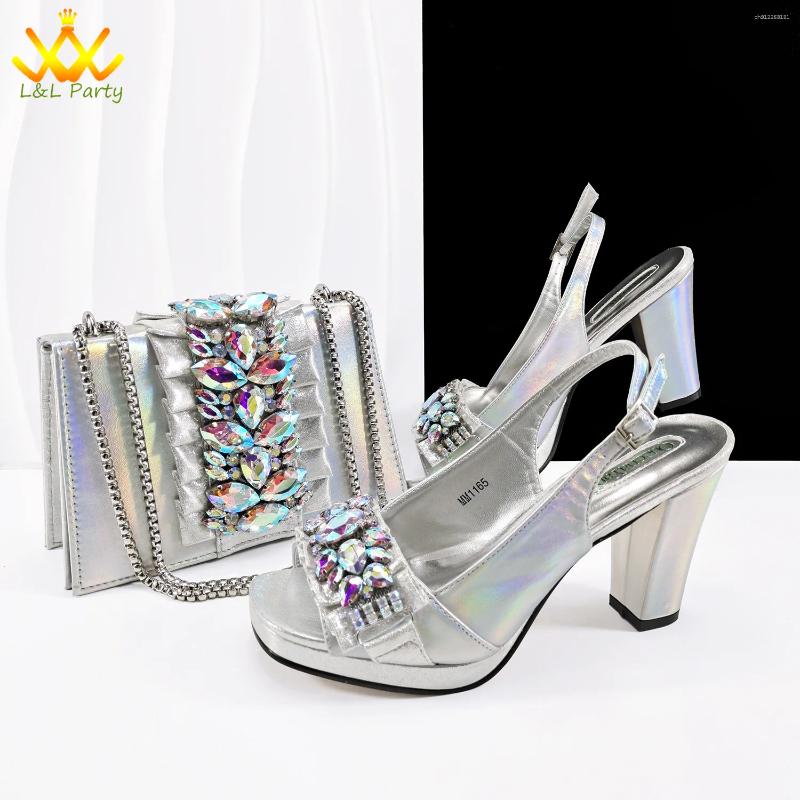 Dress Shoes Italian Design 2025 High Quality Crystal And Bag Set With Platform Elegant Style Evening Party Sandals In Black
