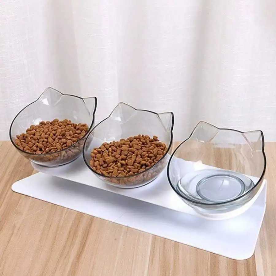 Three in one ergonomic pet bowl set with tilt design and high stand neck protection durable PP material C251009