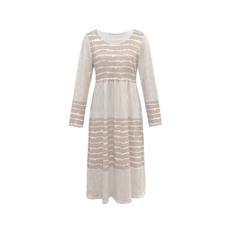 Women's Autumn Winter New Fashion Striped Print Long - Sleeve Midi Dress - Casual Versatile Khaki Dress-CF56243