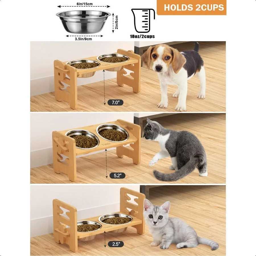 Elevated Dog Bowls Adjustable Raised Dog Bowl Stand for Small Puppy and Cats Sturdy Bamboo Pet Food Feeder with 2 Stainl Steel C251009