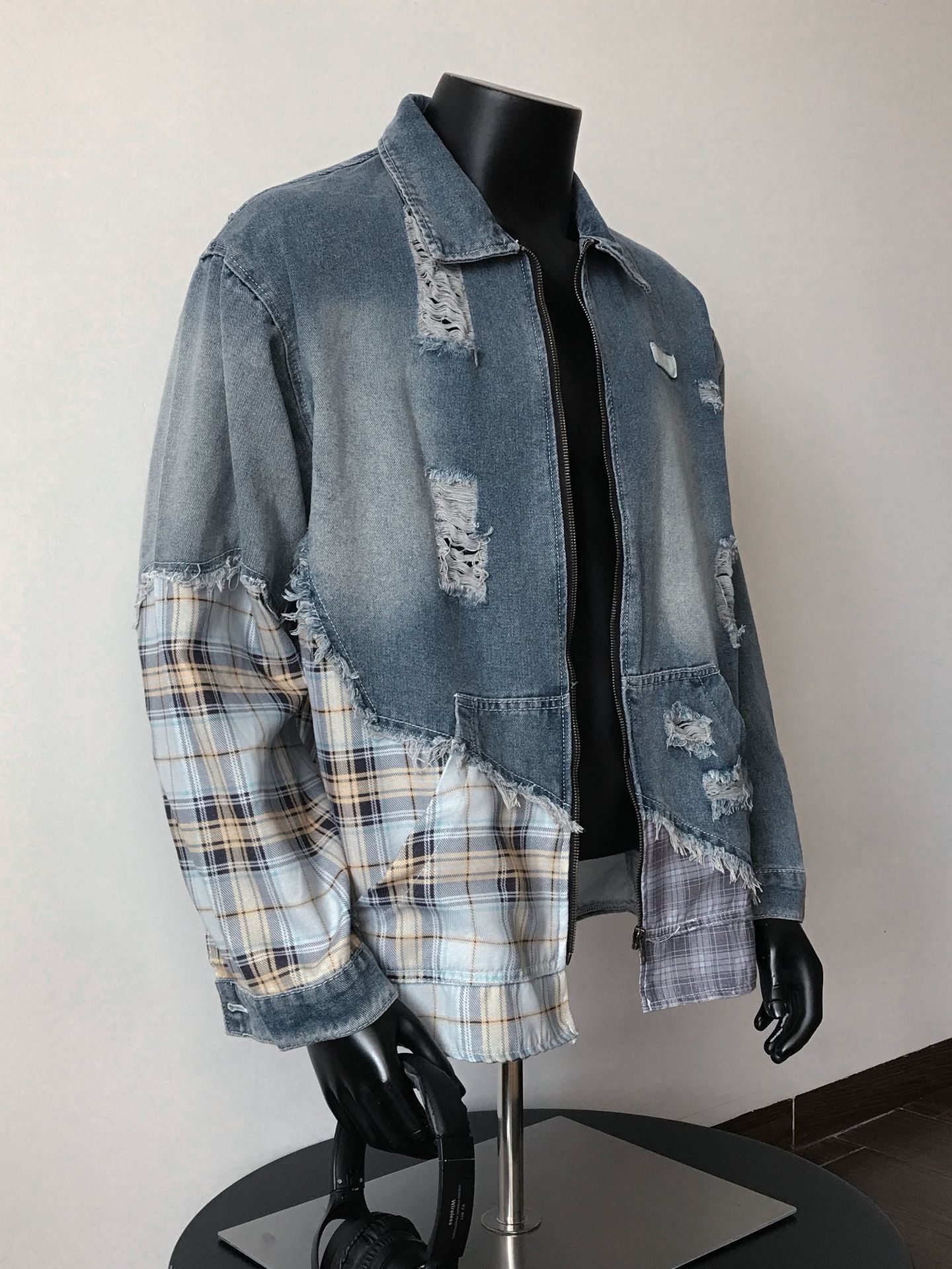 ABOORUN Hi Street Ripped Patchwork Denim Jackets Mens Vintage Turtleneck Cotton Coat 250806