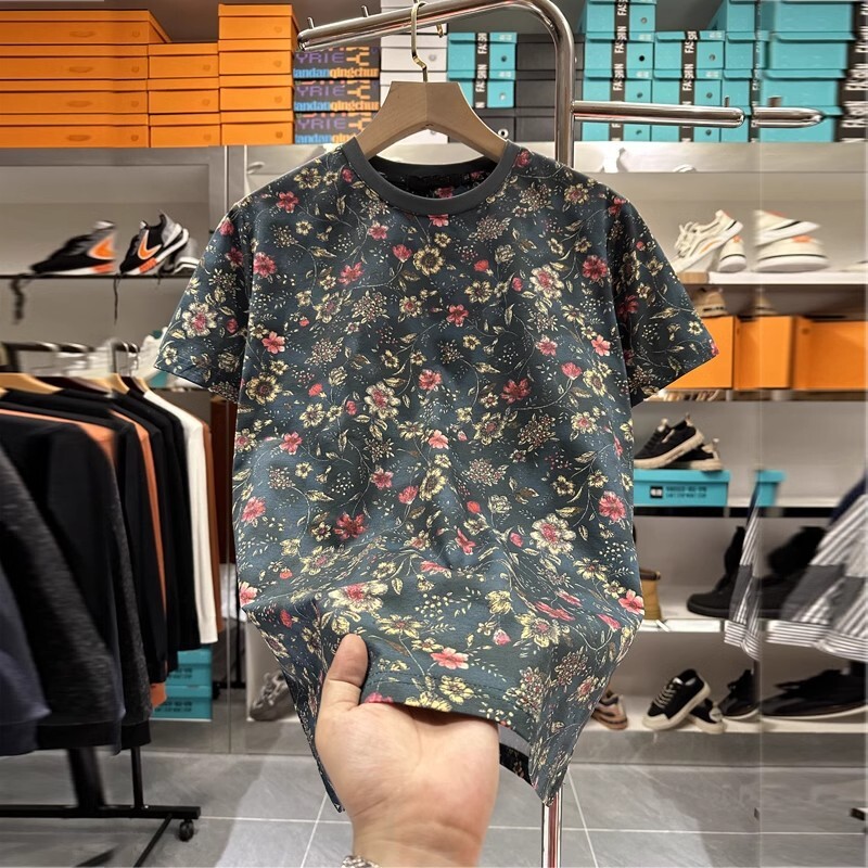 Chinese Style Retro Floral T-shirt Trendy Designer Hoodie Men's Personalized Printed Slim Designer Shirt Fit T-shirt Summer New Korean Version Thin Half Sleeve