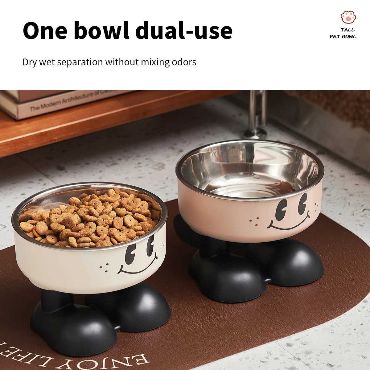 A smiling face highlegged pet bowl fashionable stainless steel largecapacity dog bowl for feeding and water neckprotectin C251009