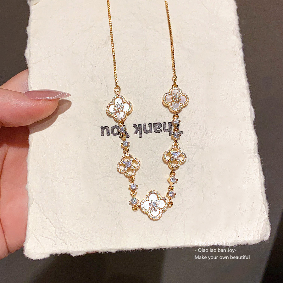 Designer Gold - Toned Clover Necklace With White Accents And Sparkling Crystals Delicate Daily & Elegant Jewelry Gift For Her High - Quality And Styli