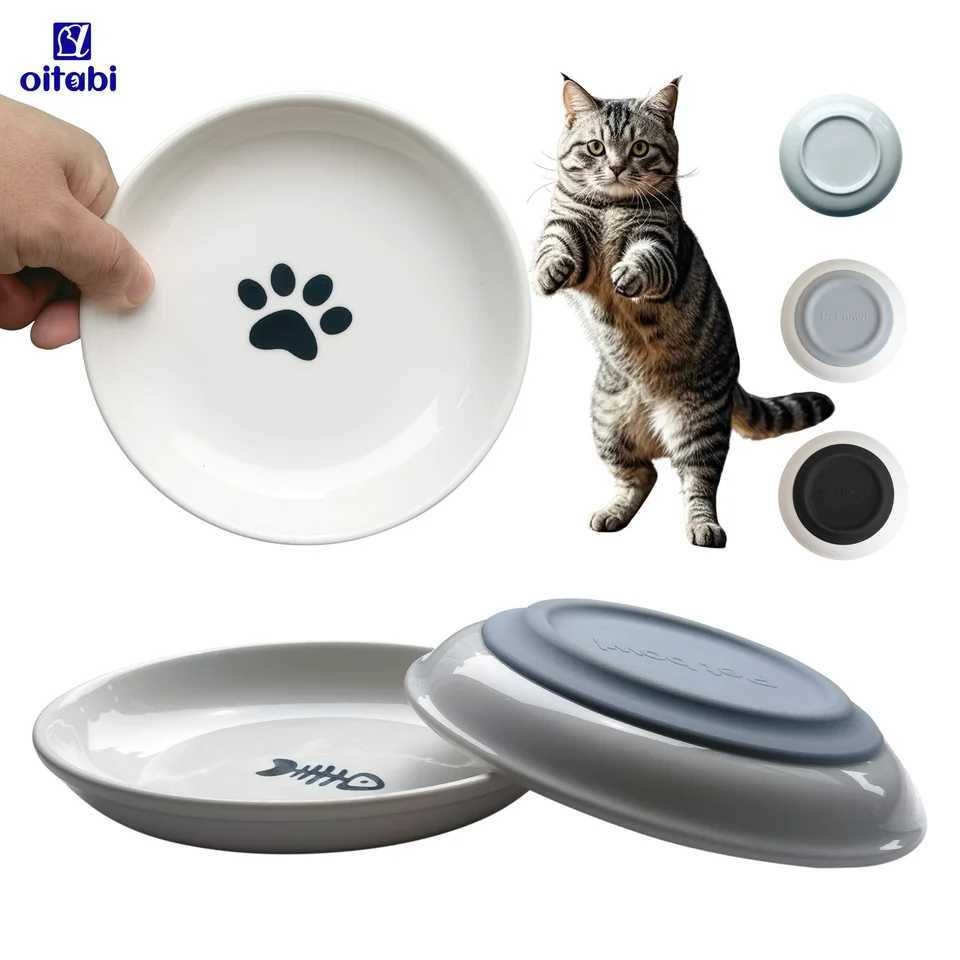 Oitabi 3PCS Cat Food Bowl Ceramic Cat Bowls Anti Whisker Fatigue Cats Bowl Set Shallow Wide Kitten Plates for Food and Water C251009