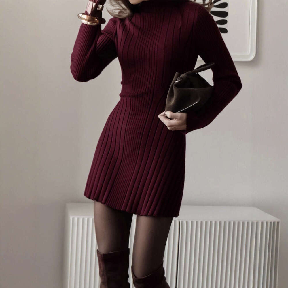 Long Sleeve Half Turtleneck Dress Knitted Spring Temperament Playful A-Line Short Skirt B5