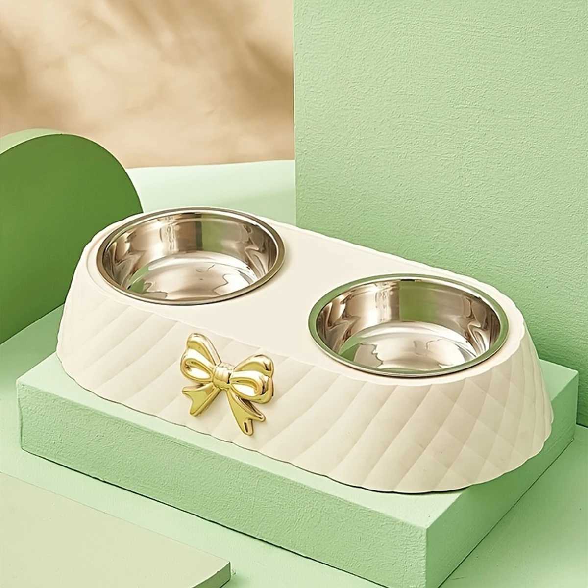 1PC Stylish Bow Pet Bowl Large Capacity Feeding Double Bowl Stainless Steel Cat Bowl Feeding And Drinking Water C251009