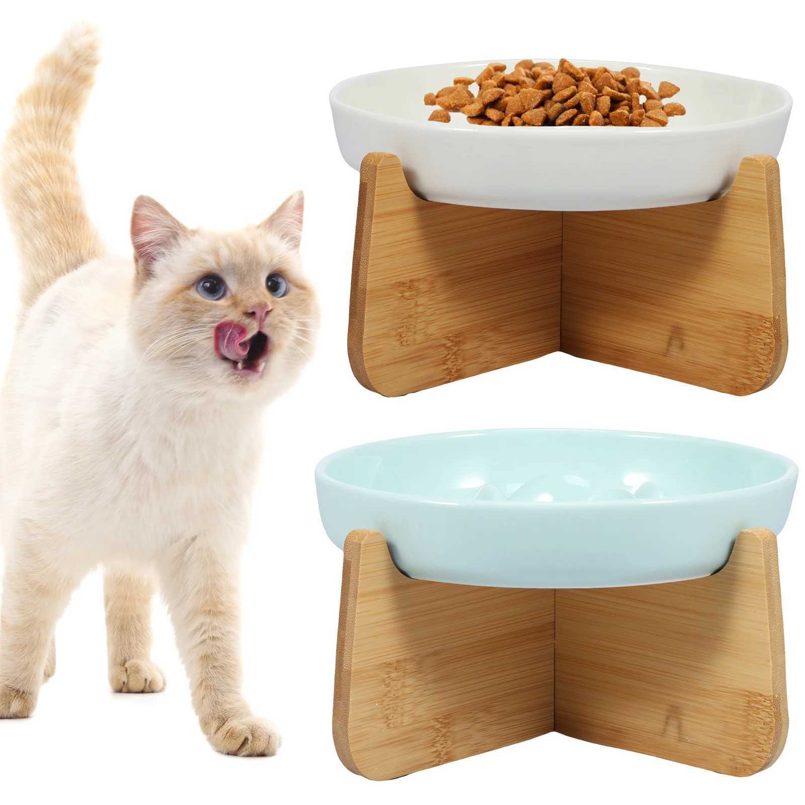 Raised Cat Bowl Elevated Cat Bowls with Wood Stand Ceramic Slow Feeder Bowl Cat Feeding Bowl Anti Vomiting Cat Food Bowl NonSli C251009