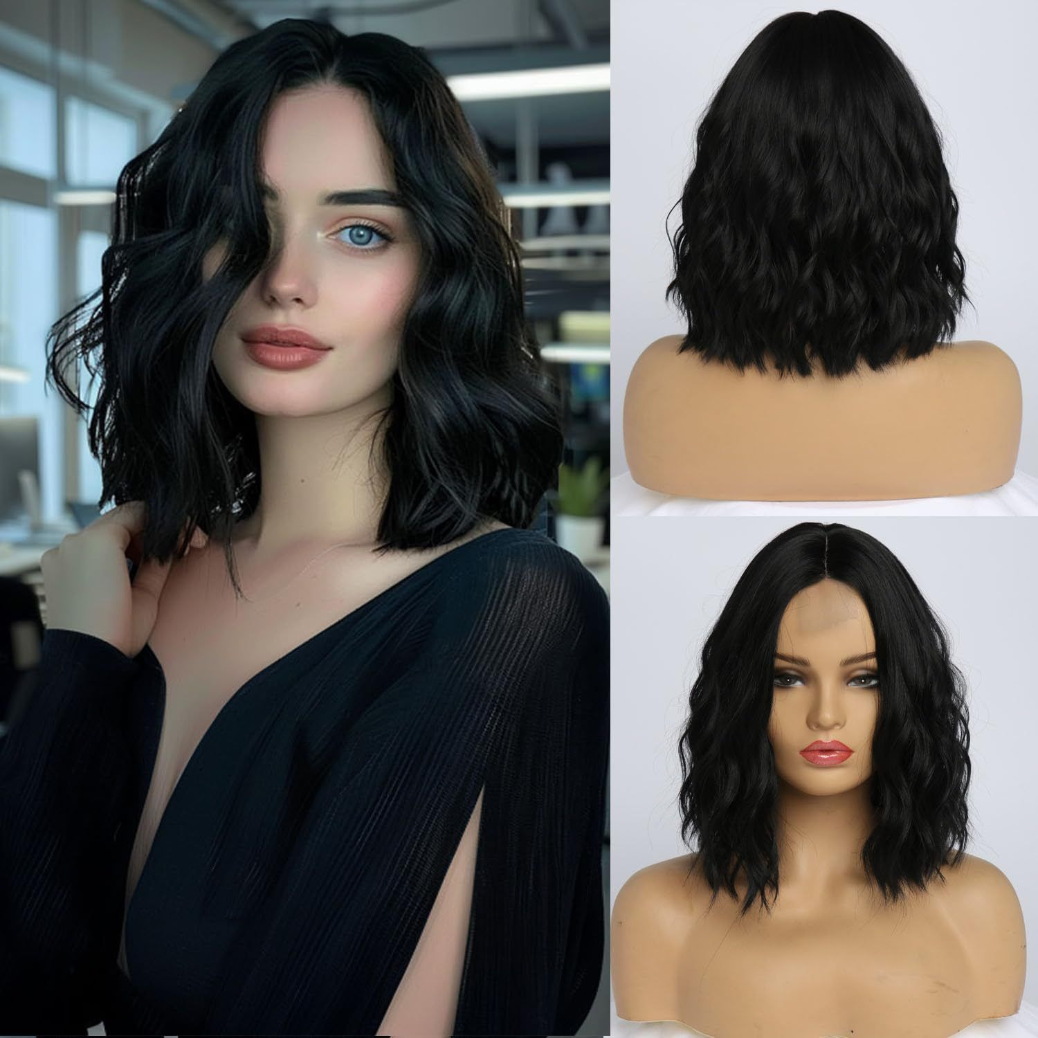 Short Wavy Brown Black Ombre Wigs with Bangs Medium Length Curly Fluffy Wavy Synthtic Wig for Women Daily Cosplay Fake Hairs