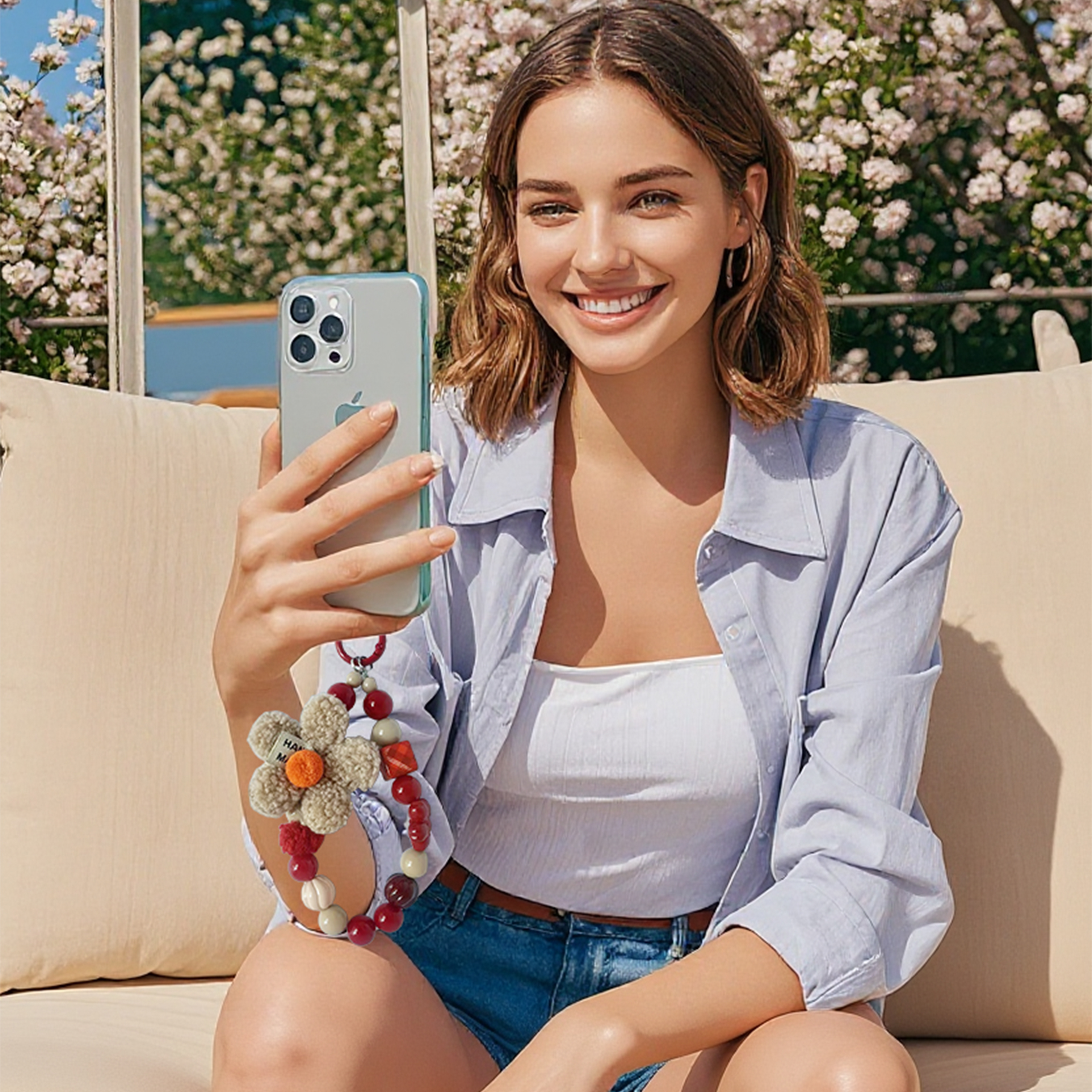 Plush flowers with red and white beads in a creative mix-and-match design. Multiple bead styles combine for a versatile. Anti-loss feature ensures eas