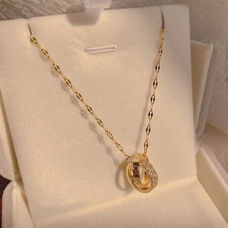 Stainl Steel Zircon Tren Exquisite Double Ring Round Chain Necklace for Women Girl High Quality Pendant Jewelry AAAXJ251010