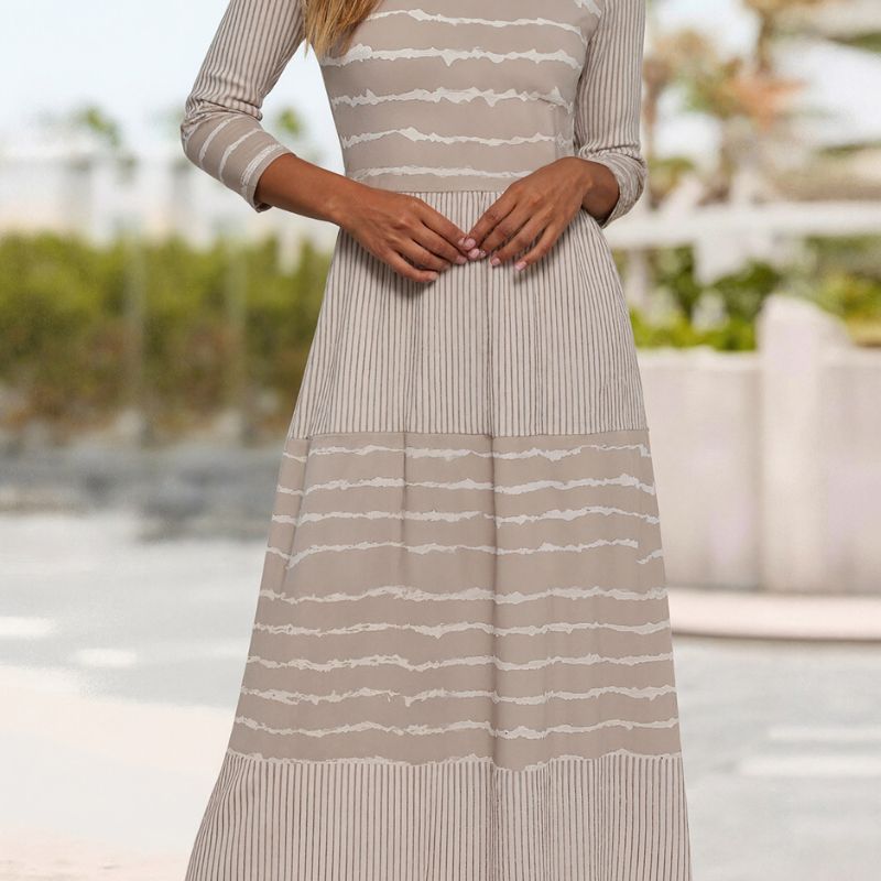 Women's Autumn Winter New Fashion Striped Print Long - Sleeve Midi Dress - Casual Versatile Khaki Dress-CF56243