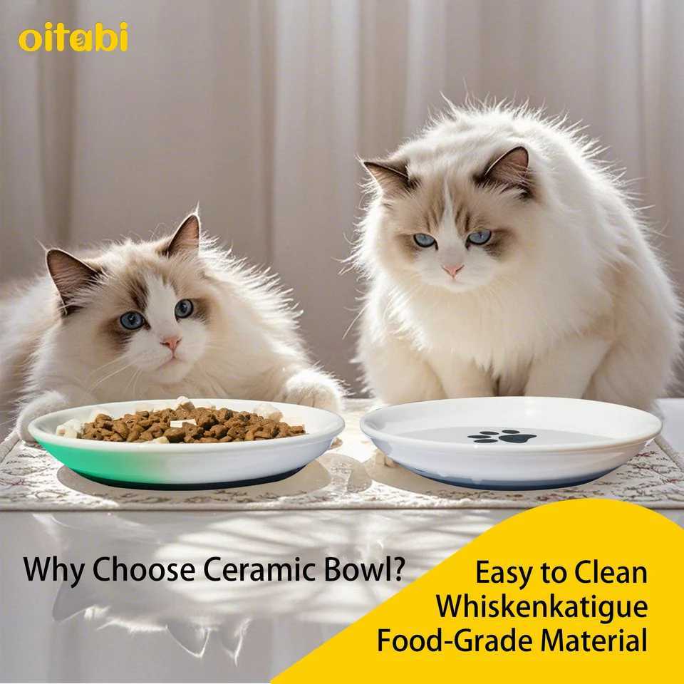 Oitabi 3PCS No Spill Cat Bowls Sets Cat Food Bowl Anti Whisker Fatigue Ceramic Cat Dishes Set Shallow Wide Kitten Plates C251009