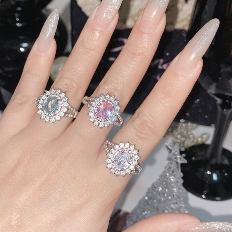 Luxury Brand Designer Jewelry Live New Pink Zircon Imitation Aquamarine Sunflower Ring For Women Luxurious Full Diamond Imitation Topaz Gemstone Jewel